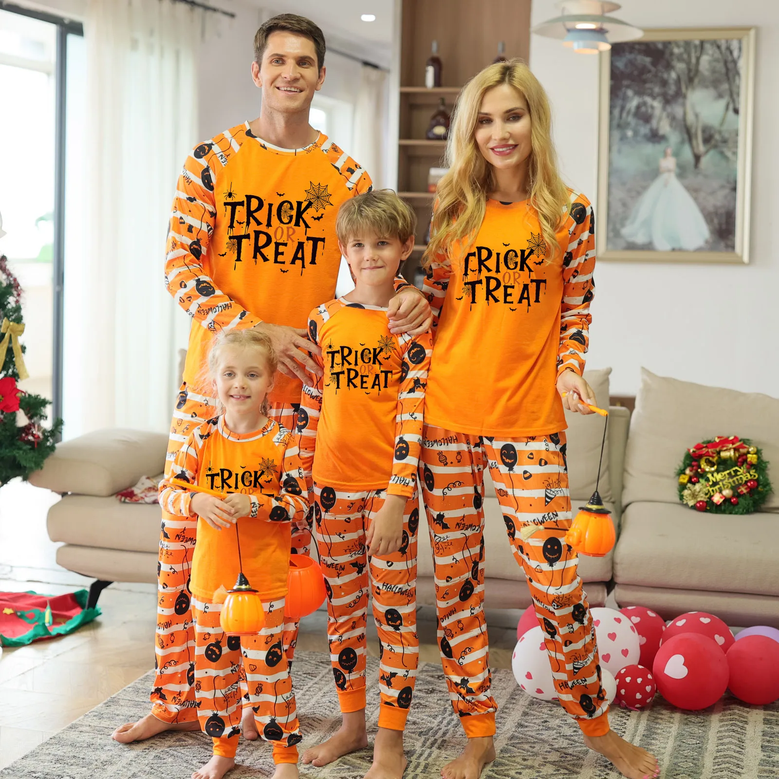 New Halloween Family Pajamas Fashion Orange Grimace Pattern  Family Matching Outfits Parent Mother Kids Festival Home Clothes 6