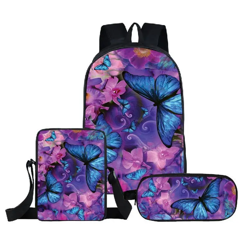 Cartoon Novelty Cool butterfly 3pcs/Set Backpack 3D Print School Student Bookbag Laptop Daypack Shoulder Bag Pencil Case