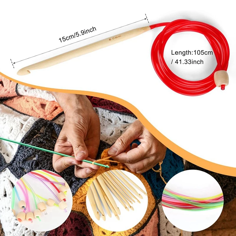 23 Pcs Tunisian Crochet Hooks Set Kit 11Pcs Aluminum Long Crochet Hooks 2.0-8.0 Mm And 12 Pcs Bamboo Tunisian Kit