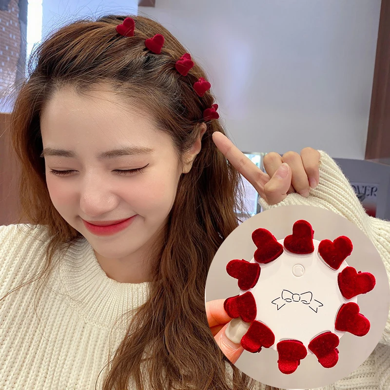 10pcs/set Lovely Flocking Red Heart Small Hair Claws For Women Fashion Hair Clip Hair Accessories Girl Hairpins Wedding Headwear new models miffy cartoon lovely kawaii rabbit handbag fashion embroidery little bear girl s heart single shoulder cloud bag