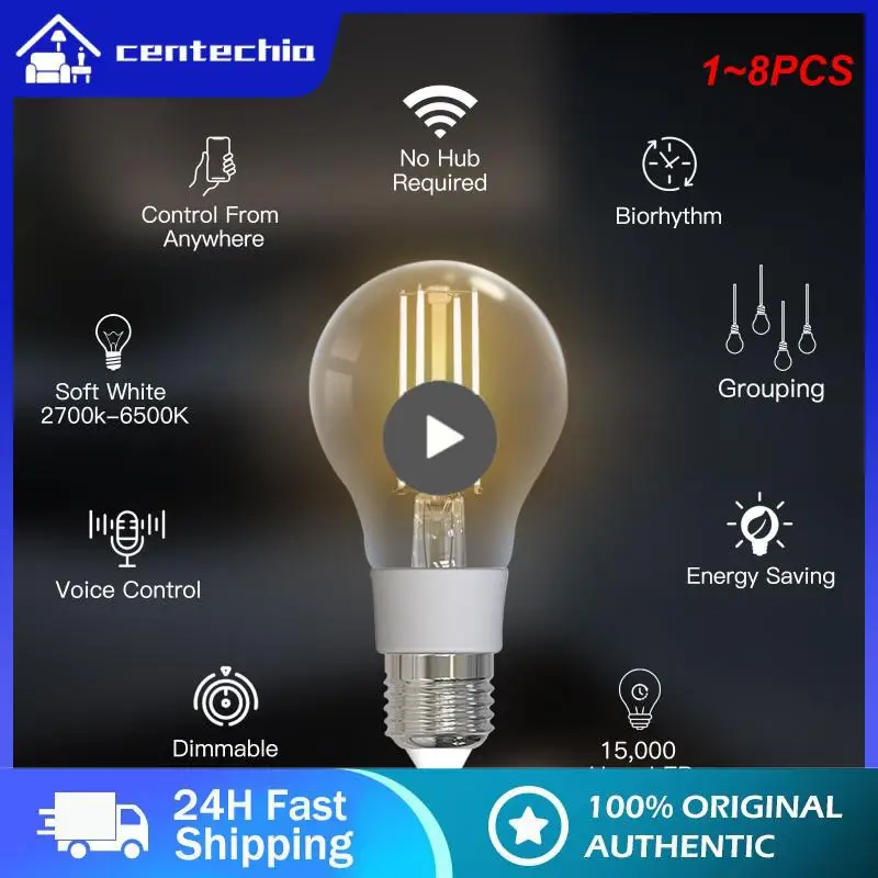 

1~8PCS WiFi Smart Filament Bulb LED Light Lamp E27 Dimmable Lighting 2700K-6500K 806Lm Tuya Alexa Voice Control 90-250V