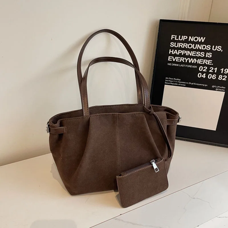 New Autumn Winter Suede Large Capacity Tote Bag Casual Commuting Pu Handbag Women'S Shoulder Bag