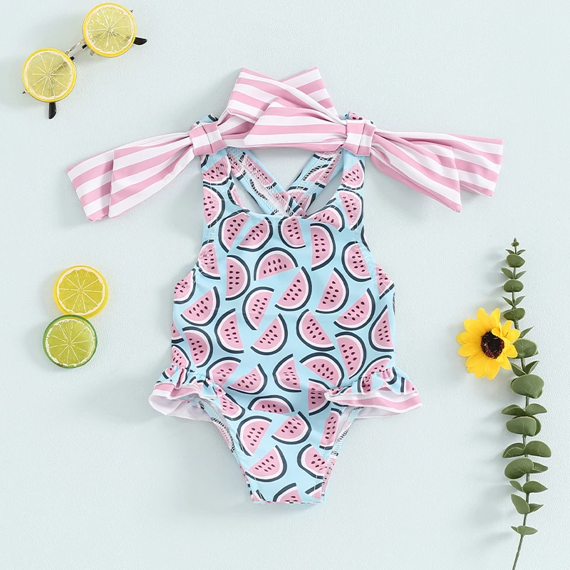 

2-6T Toddler Kids Girls Swimsuit Floral/Stars Print Bowknot Beachwear Sleeveless Ruffles Summer Beach Bathing Suit