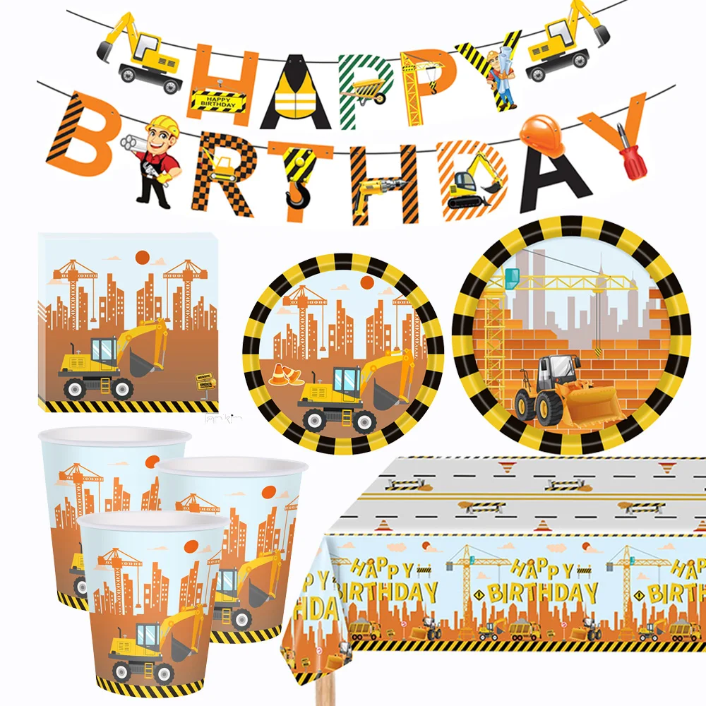 

Construction Party Supplies Disposable Dump Truck Themed Tableware Set Boys Kids Birthday Tablecloth Dinner Plates and Napkins
