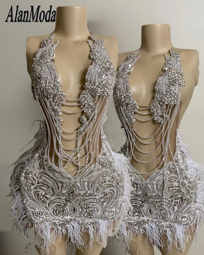 Women Prom Dresses Mini Birthday Dress For Women Luxury Crytsal Feathers Short Prom Gowns Vestidos De Graduaci&oacute;n Party Outfits