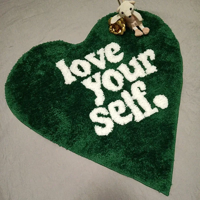 

Green Tufting Heart Bedroom Rug Fluffy Letters Carpet Living Area Foot Pad Kids Room Doormat Aesthetic Home Warm Decor Rugs