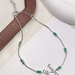 Elegant Green Zircon Square Charm Silver - Plated Bracelet - Adjustable Box Chain Design, Hypoallergenic Jewelry Gift (Silver)