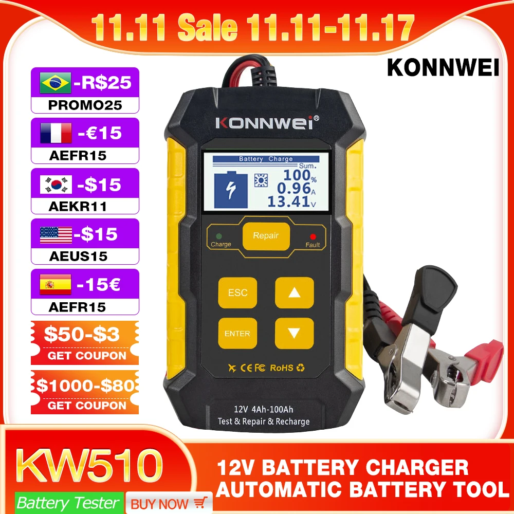 Konnwei Kw510 Strumenti Per Tester Per Batterie Per Auto Full Auto 12V Strumento Per La Riparazione Della Batteria Dell'Auto Carica Carica Caricabatte