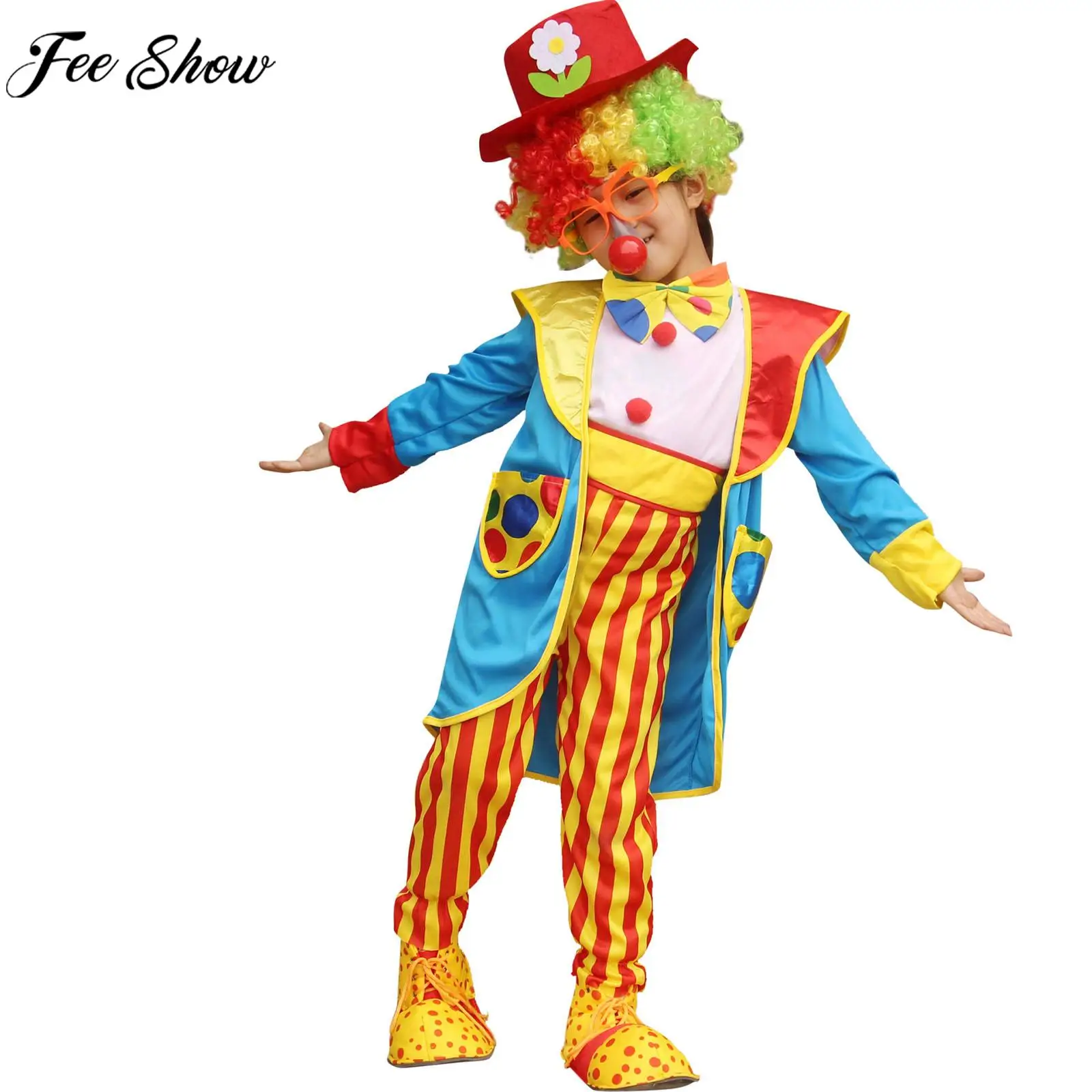 

Unisex Kids Halloween Clown Cosplay Costume Striped Jumpsuit with Coat Top Hat Bowtie for Theme Party Carnival Stage Performance