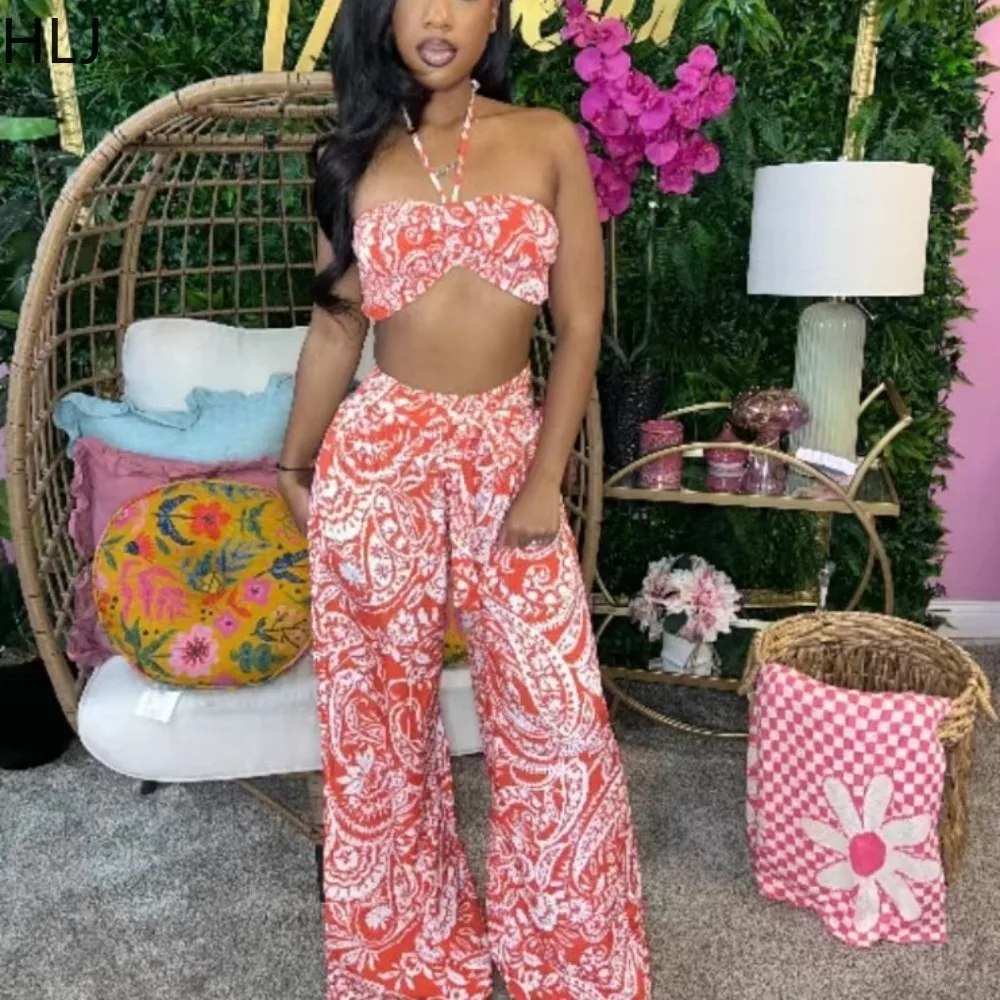 HLJ Fashion Retro Pattern Print Wide Leg Pants Two Piece Sets Women Halter Sleeveless Backless Crop Top+Pants Outfits Streetwear