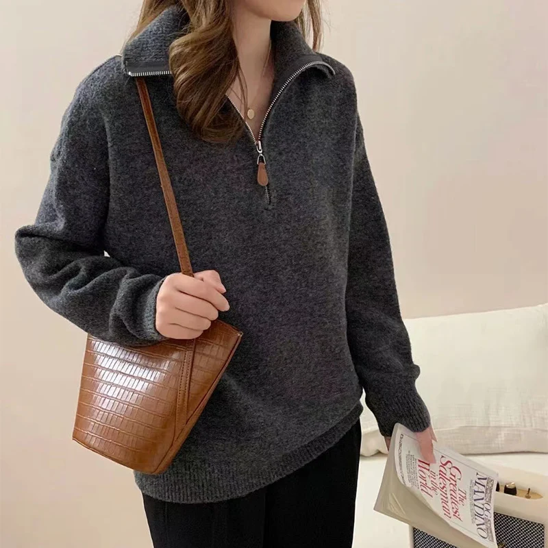 Korean Half Zip-Up Sweater Women Retro Loose Sporty Knitted Pullover ladies Autumn Winter thicken warm Long Sleeve knit Jumpers 2