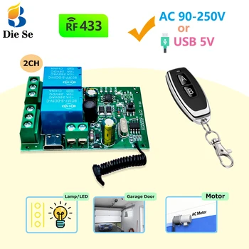 Interruttore di telecomando senza fili 433 MHz 110 V 220 V 2CH Ricevitore e trasmettitore 50 m per luce, porta ingranaggi, porta avvolgibile, motore