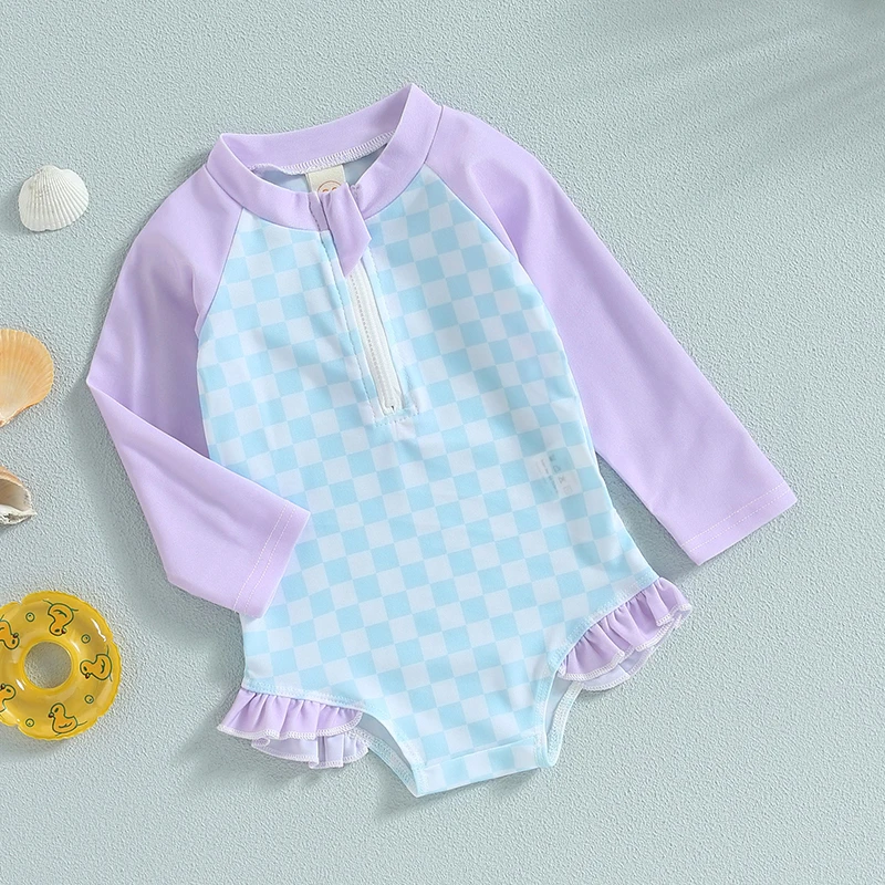 

EWODOS Toddler Baby Kids Girls Zipper Up Swimsuits Summer Ruffles Checkerboard Print Long Sleeve Swimwear Beachwear Bathing Suit