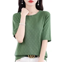 2024 New Ice Silk Knit T-Shirt Short Sleeve Top Women's Summer Round Neck Loose Plus Size Wear Cutout Half Sleeve Top 5