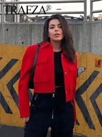 TRAFZA Spring Jacket For Women Slim Cropped Coat Elegant Solid Long Sleeve Jacket Front Flap Pocket Outerwear Fashion Streetwear 2