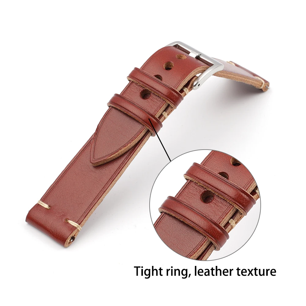 Handmade Stitched Strap Vintage Genuine Leather Watch Band 20mm 22mm Coffee Cowhide Watchband Quick Release for Men Watch Belt