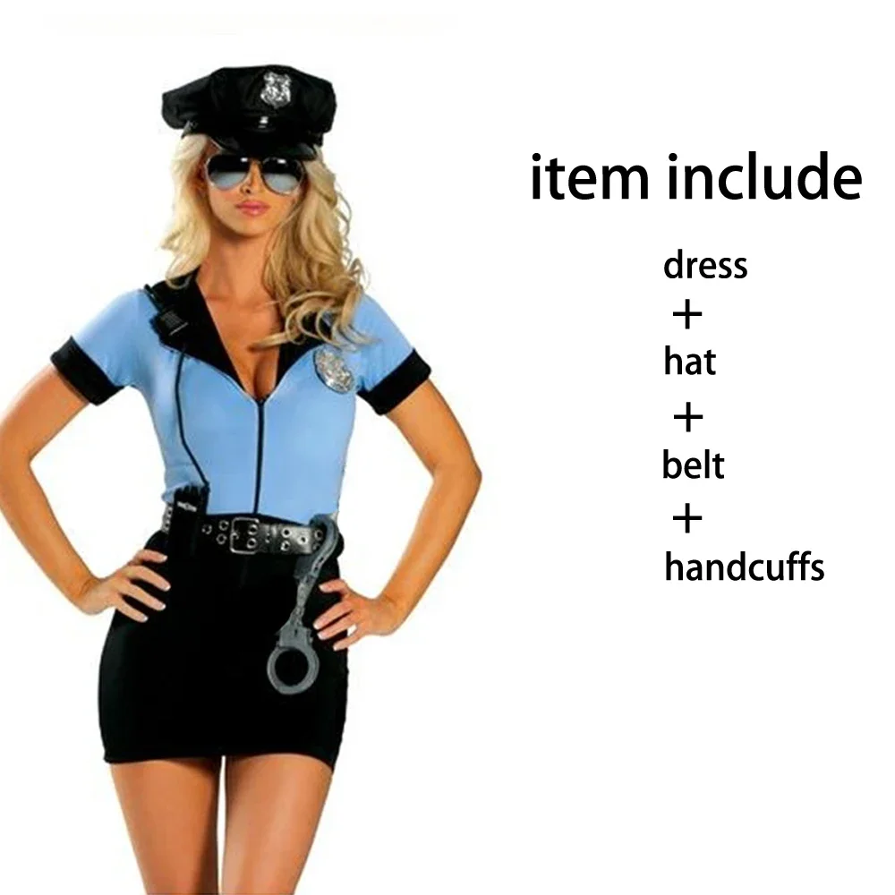 Women's Cop Officer Uniform Dress Halloween Carnival Sexy Ladies Police Costume Cosplay Erotic Hen Partry Fancy Dress