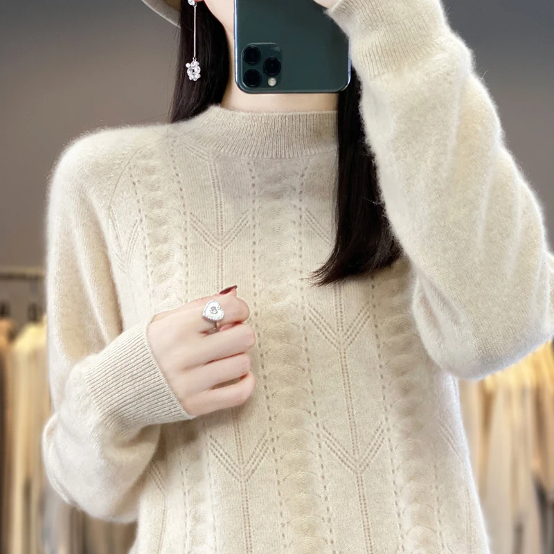 

100% Merino Wool Knit Pullover For Women's Autumn Winter Solid Color Half High Neck Hollowed Out Warm Soft Cashmere Sweater