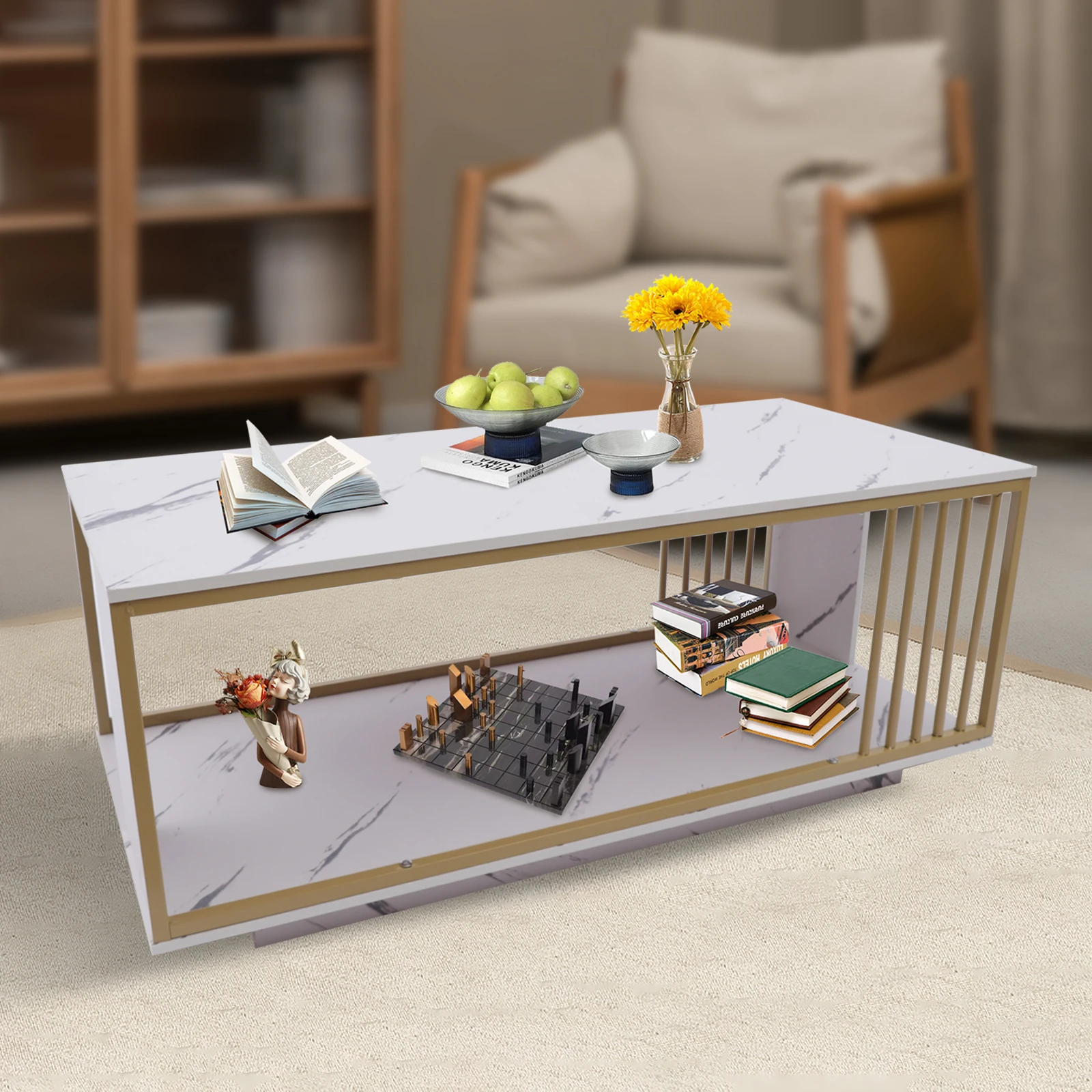 Modern Faux Marble Coffee Table 2 Tier Center TV Table Cocktail Sofa End with Gold Frame for Living Room
