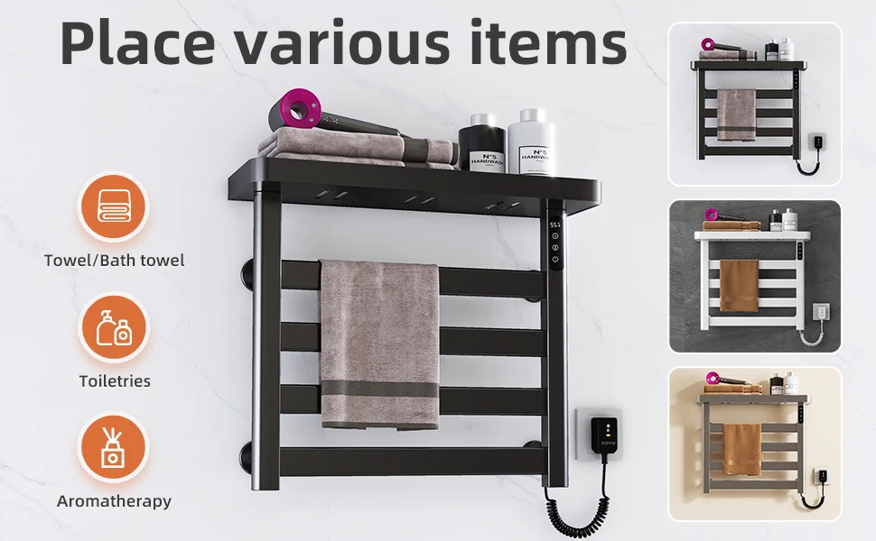 Description Picture 3 of itemSIOYIE Heated towel rack Electric towel rack with Timer Towel warmers with storage rack for bathrooms Wall-Mounted Black G50