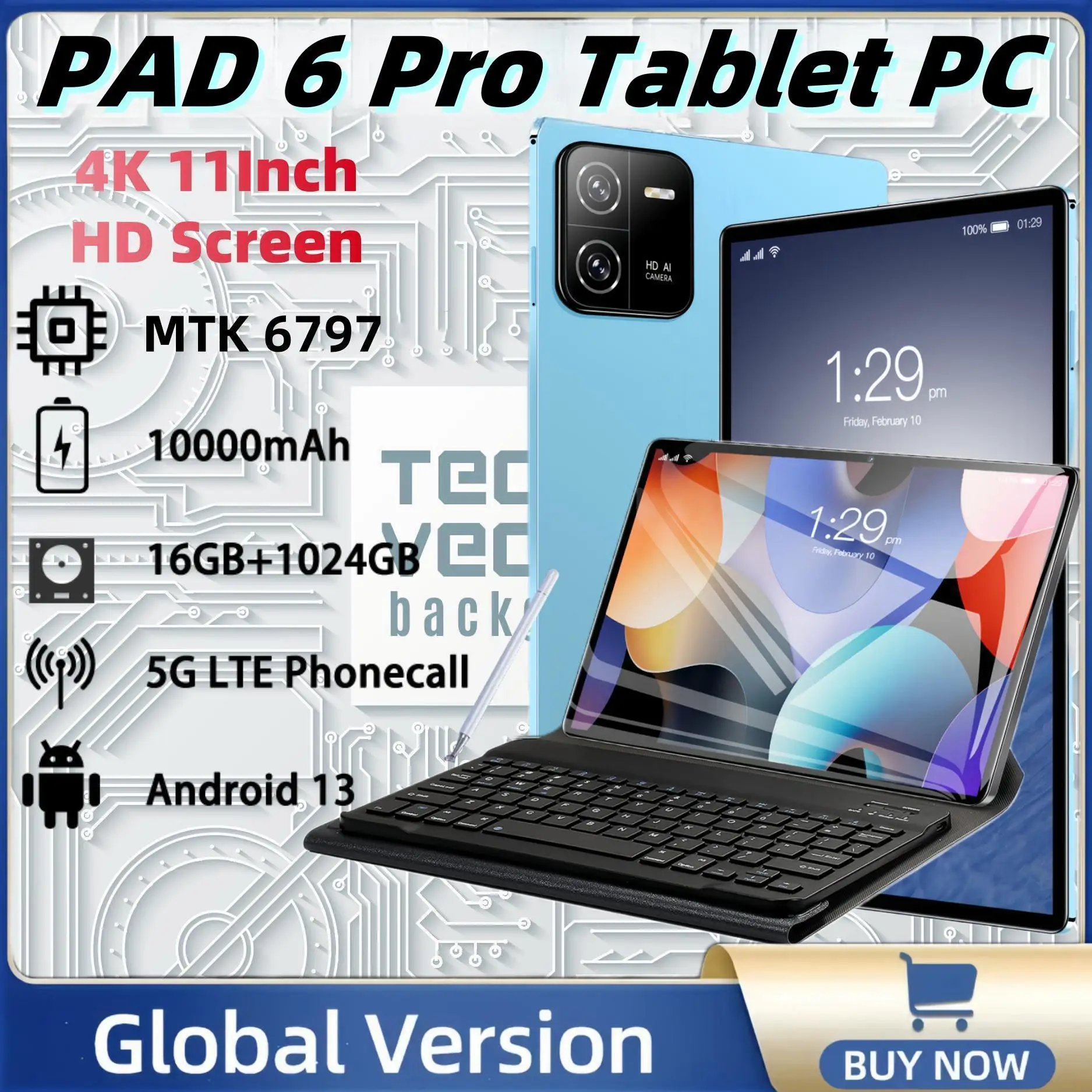 

Планшет 6 PRO на Android 13, 16 ГБ + 2024 ГБ, 11 дюймов, 4K, 1024 мАч