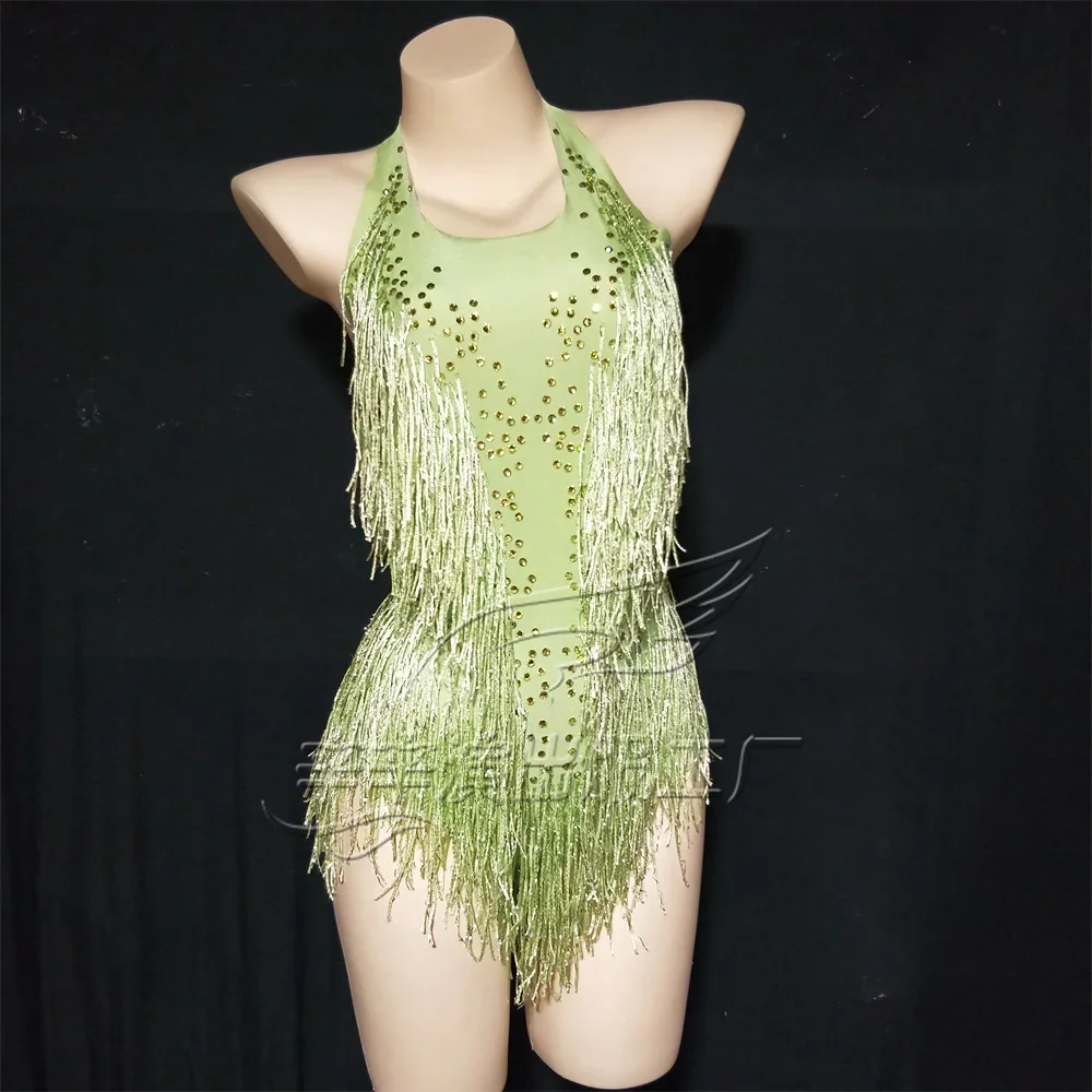 Sparkly Rhinestones Fringes Bodysuit Women Nightclub Outfit Glisten Dance Costume One-piece Dance Wear Singer Stage Leotard Rhinestones Dress