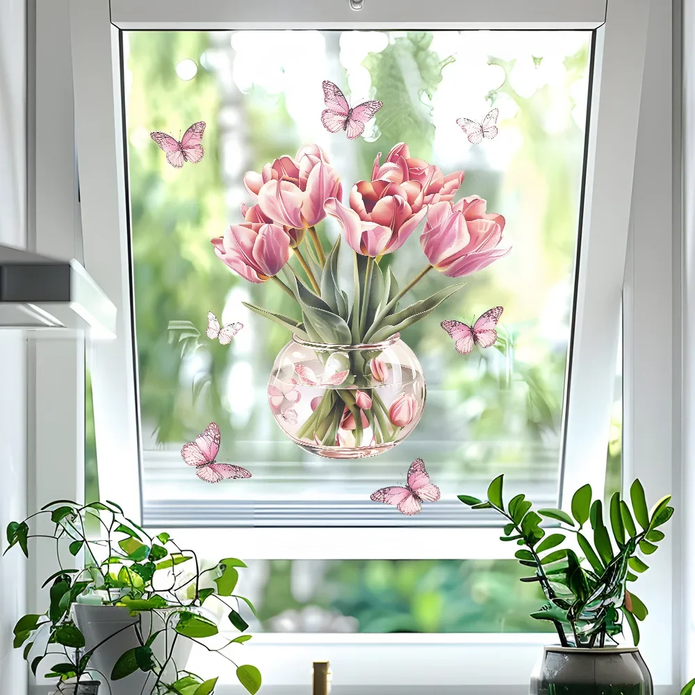 1PCS Vase Tulip Butterfly Glass Window Home Decoration Electrostatic Uv Window Sticker Room Decor