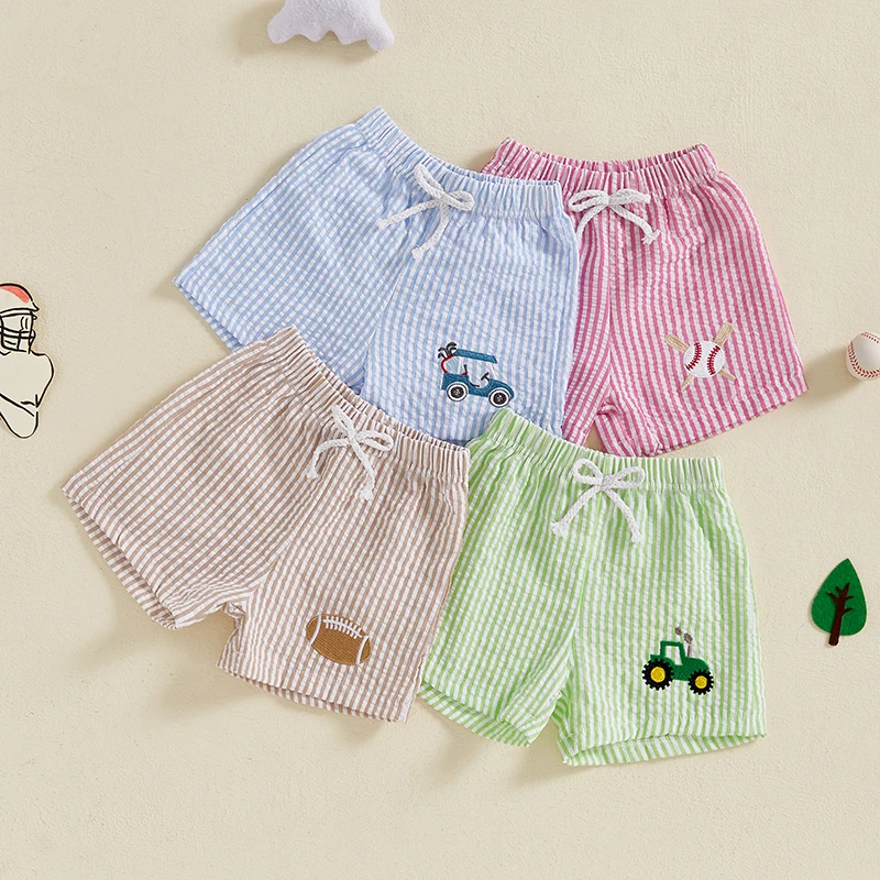 Baby Girl Boys Shorts Summer Elastic Waist Stripes Print Embroidered Loose Fit Shorts Bottoms Kids Baby Girls Boys Clothing