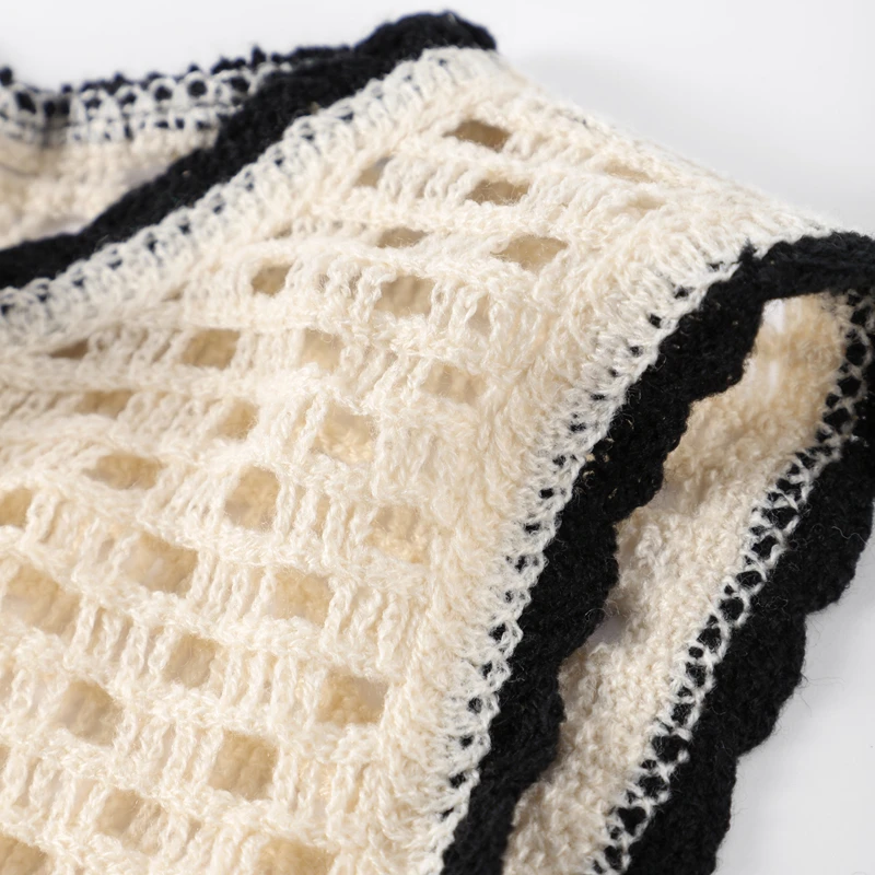 Description Picture 6 of itemPrint Hollow Out Knit Set Women Sleeveless Sexy O-neck Short Vest Flower Knitting Pants Casual Simple Vintage 2 Piece Female Set