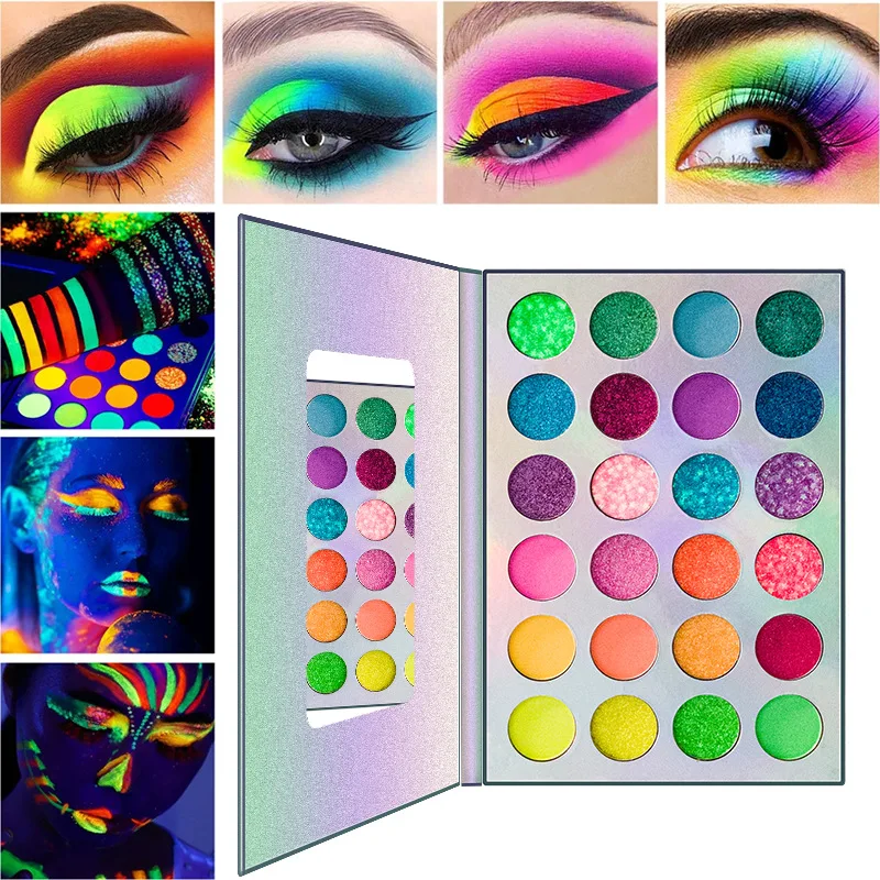 

24 Colors Glow Eyeshadow palette make up Neon cosmetic Kit Blacklight UV Glow In The Dark Fluorescent Eye shadow make up palette