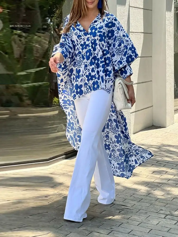 

Элегантная женская модная блузка Bohohipei с цветочным принтом и высоким воротником, новинка 2024, повседневные рубашки с рукавом до локтя, топы