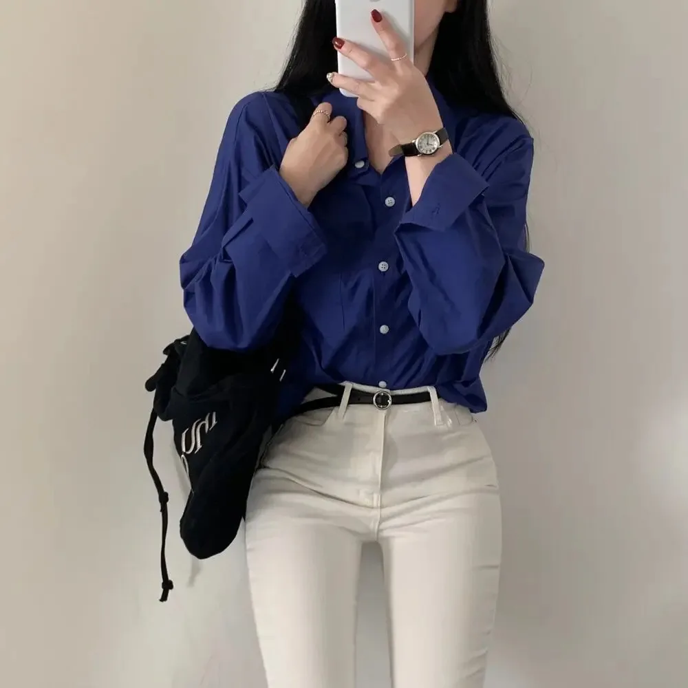 Korean Style Chic Loose Shirt Temperament Simple Tops Office Lady Professional Blouse Turn Down Collar Clothes 8306