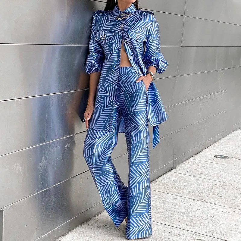 Women's Fashion Printed Long Sleeve Top & Straight Leg Pants Set Temperament Commuting Woman Two Piece Suits Elegant Outfits