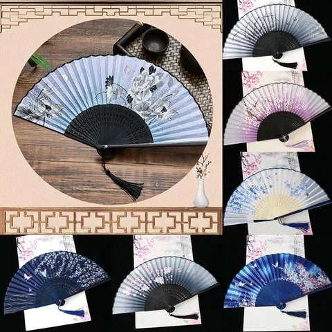

Chinese Silk Folding Hand Held Fan Vintage Retro Style Flower Printed Hollow Carved Decoration Crafts