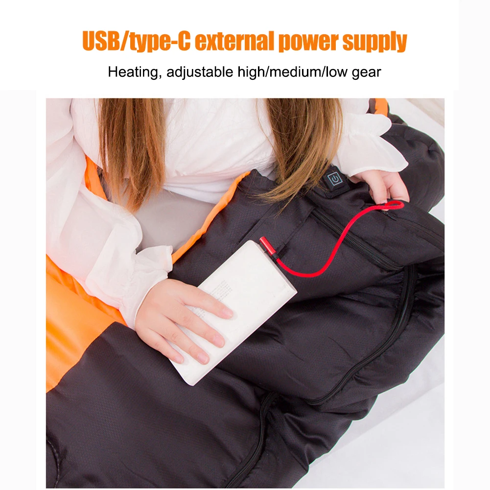 Winter USB Heating Mat Type-C 5V Electric Heated Sleeping Bag 3-Level Temperature Portable for Outdoor Camping for Travel Hiking