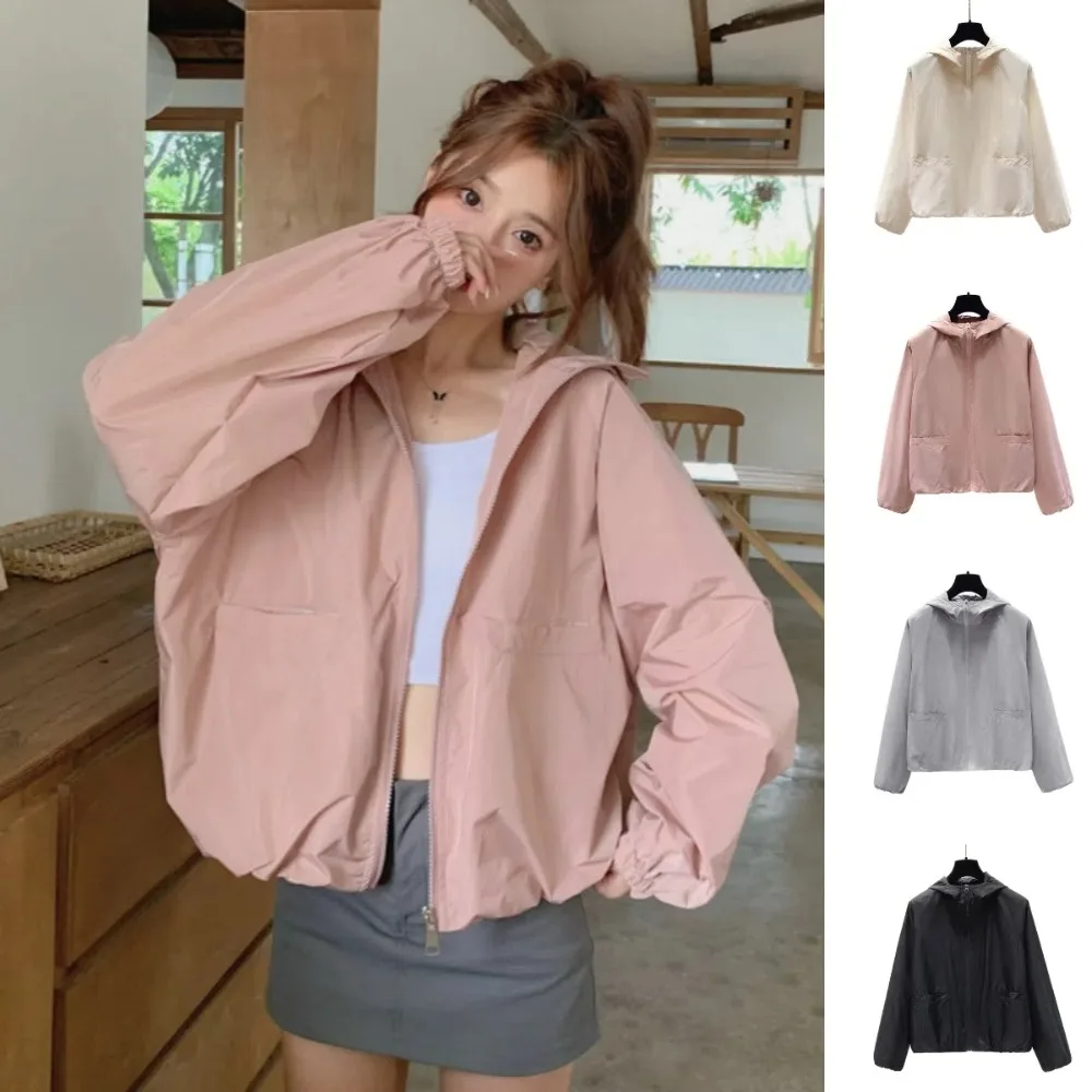 Breathable Loose Sunscreen Coat Women Solid Color Windproof Sun-Protective Tops Out Wear Clothing Hooded Jacket Spring Autumn
