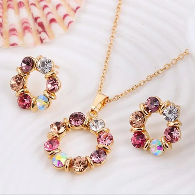 Ensemble collier et boucles d'oreilles en or pour dames, bijoux en forme de cercle de diamant, style de mode simple, vitrail exquis, célébrité, 3 pièces 1