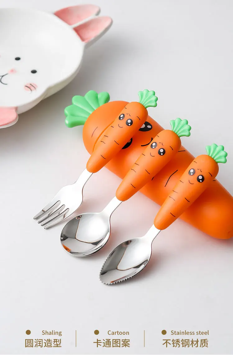 Description Picture 3 of itemNew Carrots Set Children Kids Dinnerware Stainless Steel Spoon Fork Flatware with Box Baby Feeding Kitchen Tableware Supplies