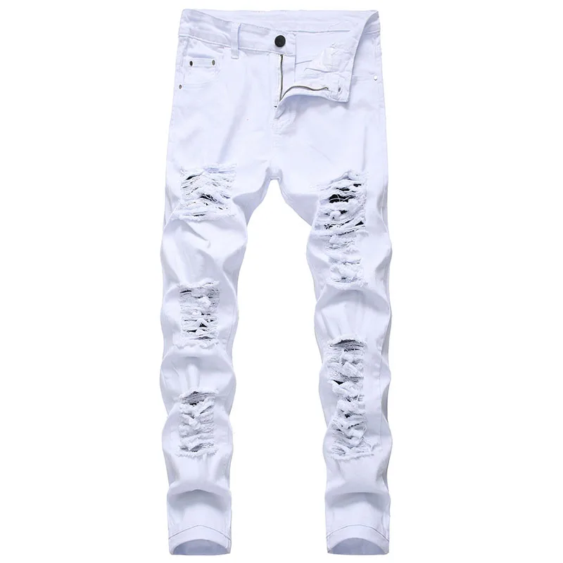 Fashion Designer  Casual White Black Ripped Jeans For Men Straight Slim Fit Stretch Denim Pants Man Jogging Trousers Large Size