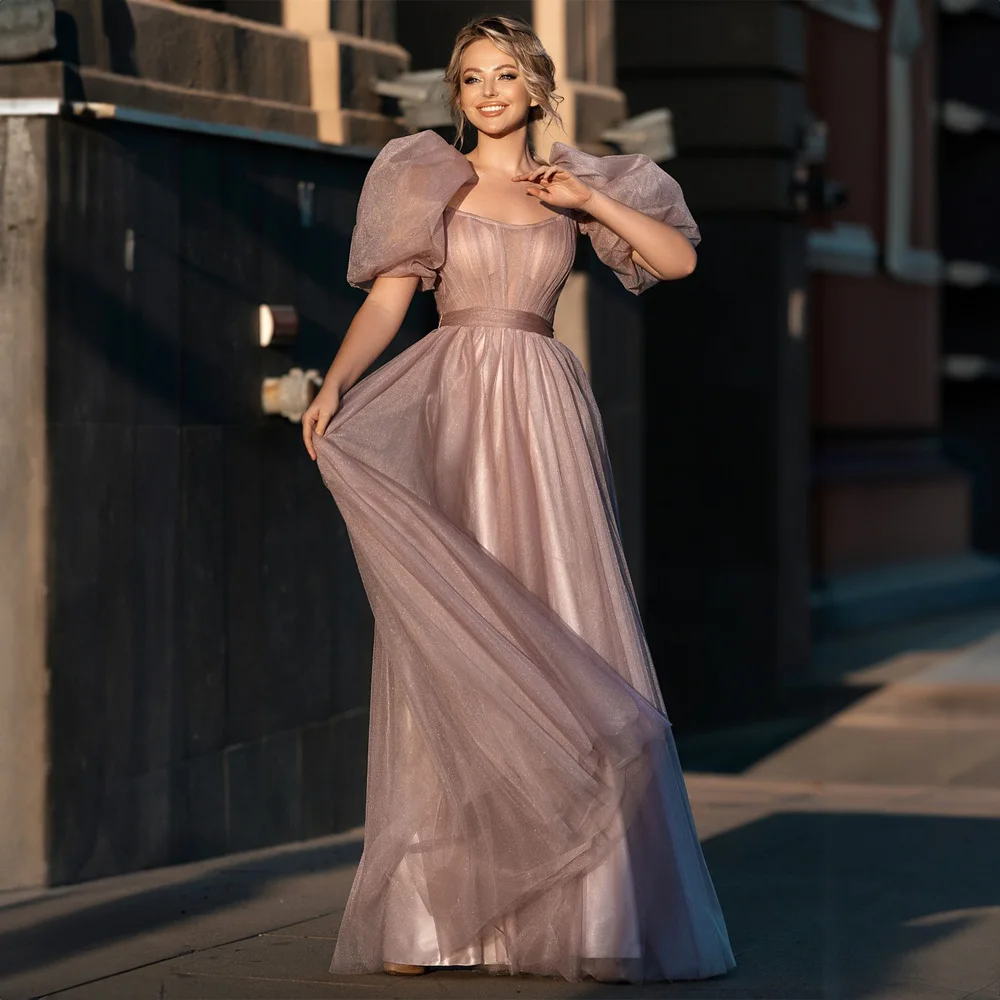 

Elegant Short Puff Sleeve Organza Formal Prom Dress for Women A-line Long Tulle Lace up Evening Party Gown فساتين السهرة