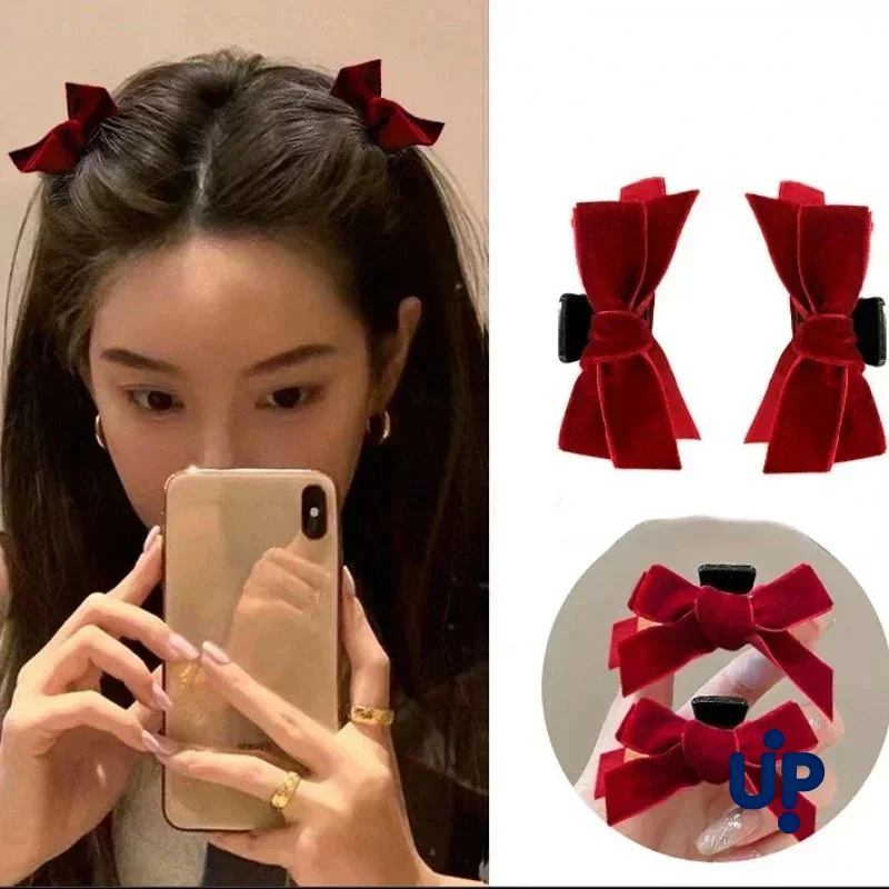 2개 블랙 리본 작은 집게핀 여성용 가을 겨울 빈티지 벨벳 뱅글핀 헤어핀 스타일 공주 헤어핀 헤어 장식