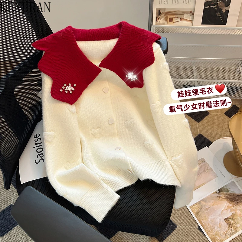 

Diamonds Beading Sweater Women's Casual Loose Red White Contrast Color Peter Pan Collar Sweaters Knitted Pullovers Female Jumper