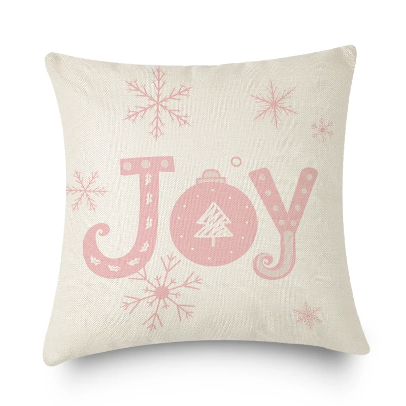 Pink Print Linen Throw Pillowcase Sofa Decorative Merry Christmas Snowflake Xmas Tree Cushion Cover Home Holiday New Year Decor