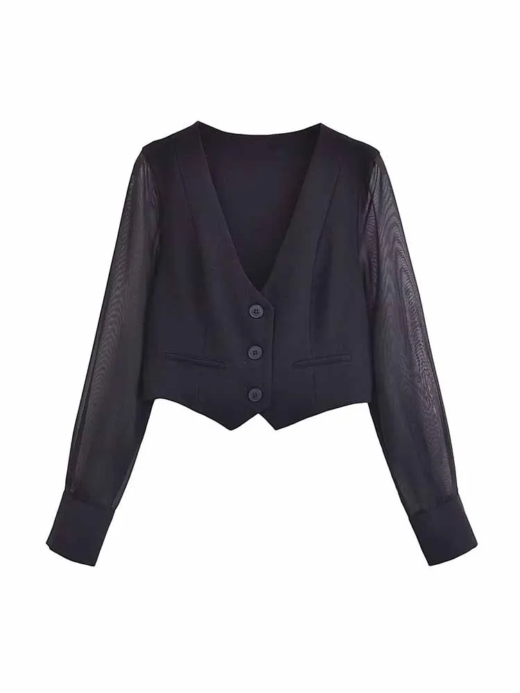 

Women New Fashion Vest style Cropped Black V Neck patchwork Tops Vintage Long Sleeve Button-up Female Shirts Chic Tops