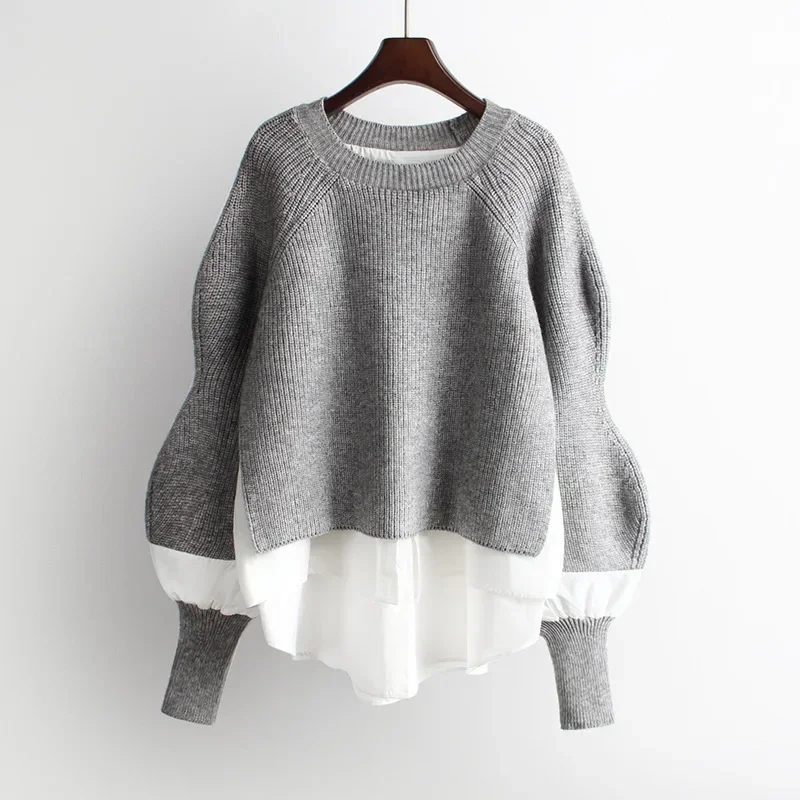 

O-Neck Trendy Stitching Fake Two-Piece Top Women Fashion 2023 Spring Autumn New Loose Pullover Knitted Sweater Women