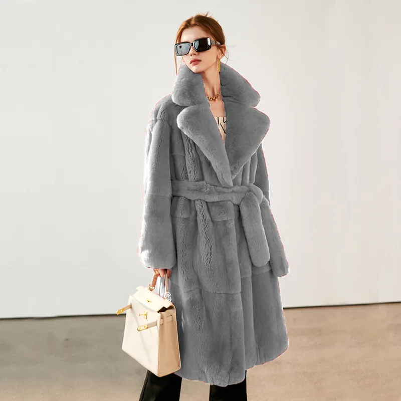 Winter New Faux Fur Coat Women Warm Long Fur Coats Fluffy Suit Collar Lace-up Chic Robe Solid Cardigan Jackets Long Sleeve