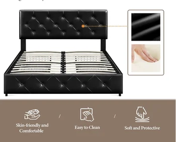 Queen Size Upholstered Bed Frame with 4 Drawers and Adjustable Headboard, Faux Leather Platform Bed with Mattress Foundation St 4
