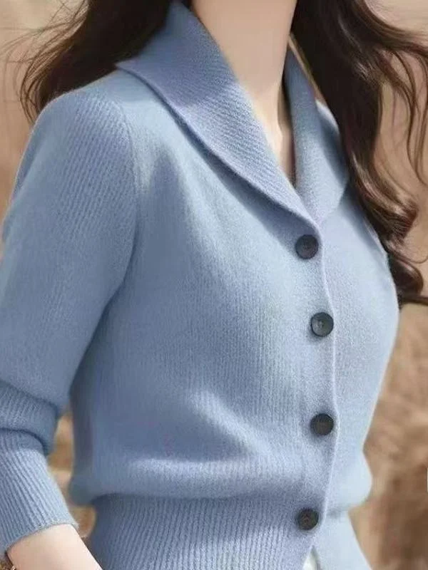 Faionable Korean Sle Blue Knitted Sweater Turn-down Collar Thiened Autumn Winter Women's Clothing Commute Sle Slim Fit