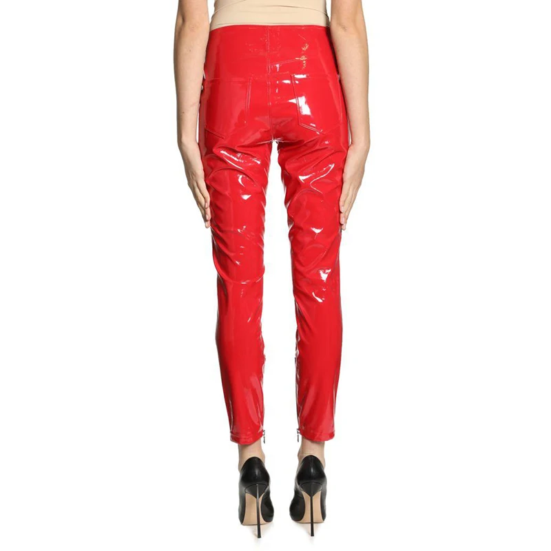 Women's High Waist Shiny Patent Leather Pencil Pants, Casual PU Leather Trousers, Slim Stretch Bodycon Pants, Pocket Fashion