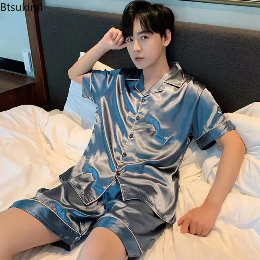 Summer men silk satin pajamas set Turn-down Collar Sleepwear Short Sleeve Nightwear 2 Pieces Sets Homewear 5XL